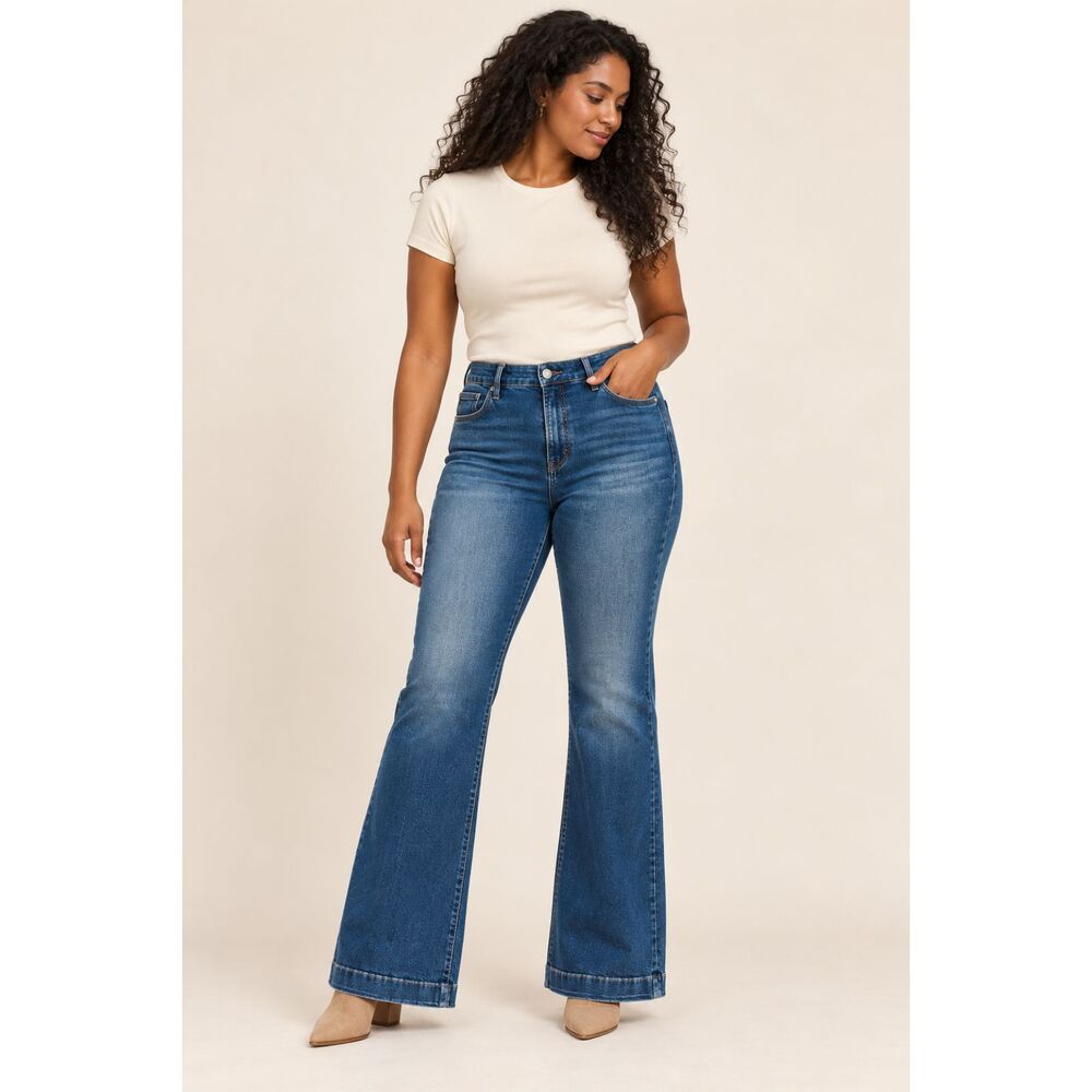 Good American High Rise Flare Jeans Medium Blue Stretch Denim Size 14 32